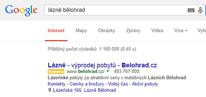 PPC kampaně ve vyhledávací síti systému Google AdWords pro Lázně Bělohrad, a.s.