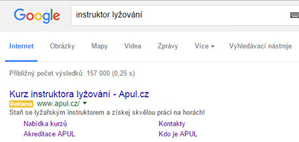 PPC kampaně ve vyhledávací síti systému Google AdWords pro lyžařskou asociaci APUL.